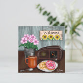 Welkom, zonnebloemen, Donuts en koffie (Staand voorkant)