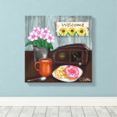 Welkom, zonnebloemen, Donuts en koffie Canvas Afdruk (Insitu (Houten vloer))