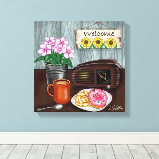 Welkom, zonnebloemen, Donuts en koffie Canvas Afdruk (Insitu (Houten vloer))