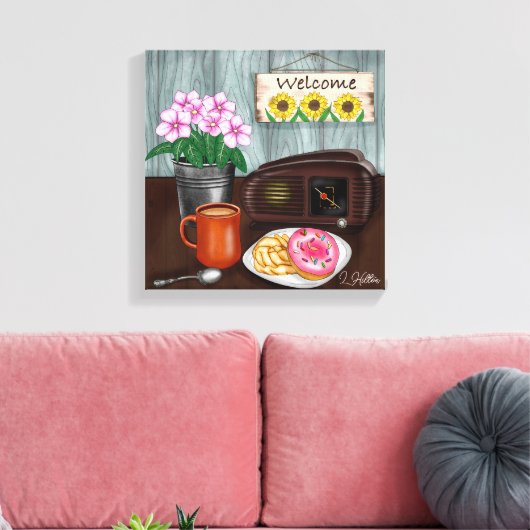 Welkom, zonnebloemen, Donuts en koffie Canvas Afdruk (Insitu (Woonkamer))