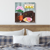 Welkom, zonnebloemen, Donuts en koffie Canvas Afdruk (Insitu (Slaapkamer))
