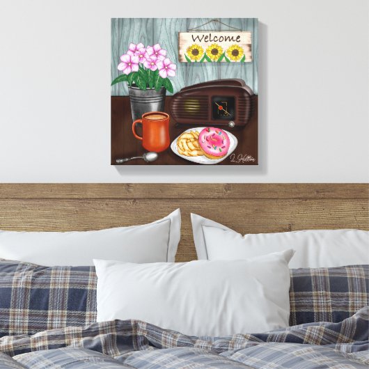 Welkom, zonnebloemen, Donuts en koffie Canvas Afdruk (Insitu (Slaapkamer))