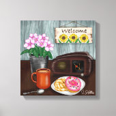 Welkom, zonnebloemen, Donuts en koffie Canvas Afdruk (Voorkant)