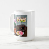 Welkom, zonnebloemen, Donuts en koffie Koffiemok (Voorkant links)