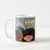 Welkom, zonnebloemen, Donuts en koffie Koffiemok (Links)