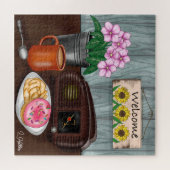 Welkom, zonnebloemen, Donuts en koffie Legpuzzel (Horizontaal)