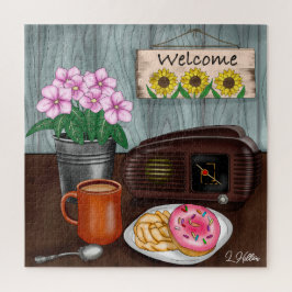 Welkom, zonnebloemen, Donuts en koffie Legpuzzel