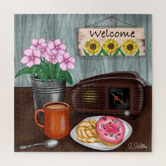 Welkom, zonnebloemen, Donuts en koffie Legpuzzel (Verticaal)