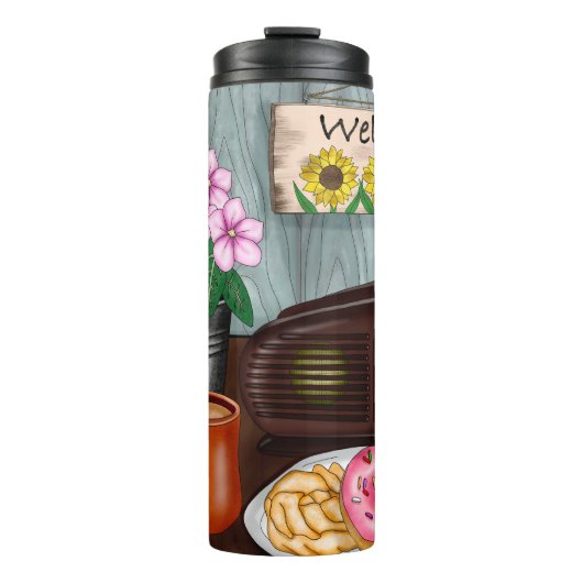 Welkom, zonnebloemen, Donuts en koffie Thermosbeker (Voorkant)