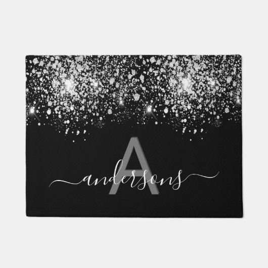 Welkom zwart zilveren glitter-stofmonogram deurmat (Voorkant)