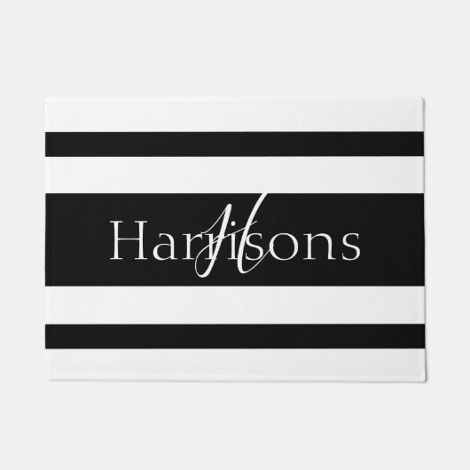 Welkom zwarte en witte stripes monogram deurmat (Voorkant)