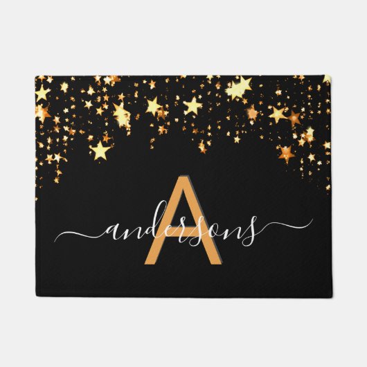 Welkom zwarte gouden sterren die het familiemonogr deurmat (Voorkant)