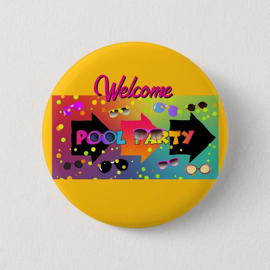 Welkom Zwembadfeestje Geel Ronde Button 5,7 Cm (Voorkant)
