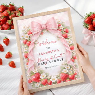Welkombord babyfeest met aardbei en roze strik poster