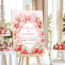 Welkombord babyfeest met roze strik en aardbei