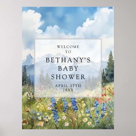 Welkombord voor baby shower met bergbloemenweide poster (Voorkant)