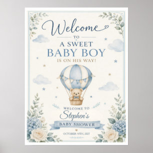 Welkombord voor babyborrel met hete luchtballon vo poster