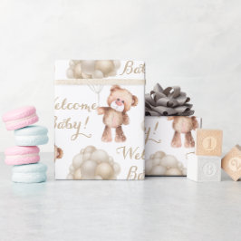 Welkome baby bruine teddybeer en ballonnen cadeaupapier