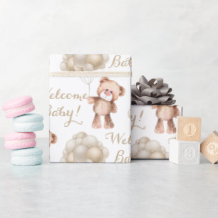 Welkome baby bruine teddybeer en ballonnen cadeaupapier