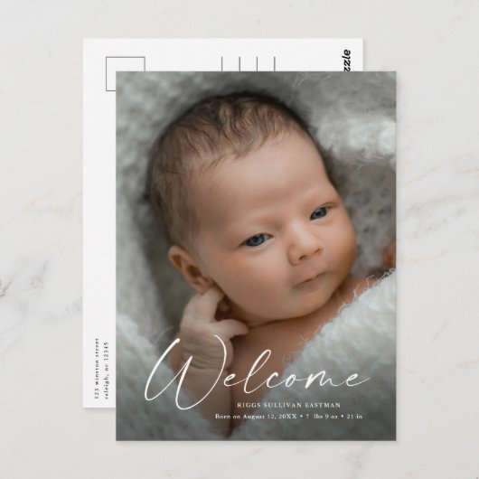 Welkome Baby Foto van modern script - Dank u Briefkaart (Voorkant / Achterkant)