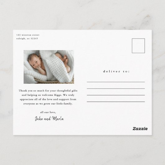 Welkome Baby Foto van modern script - Dank u Briefkaart (Achterkant)