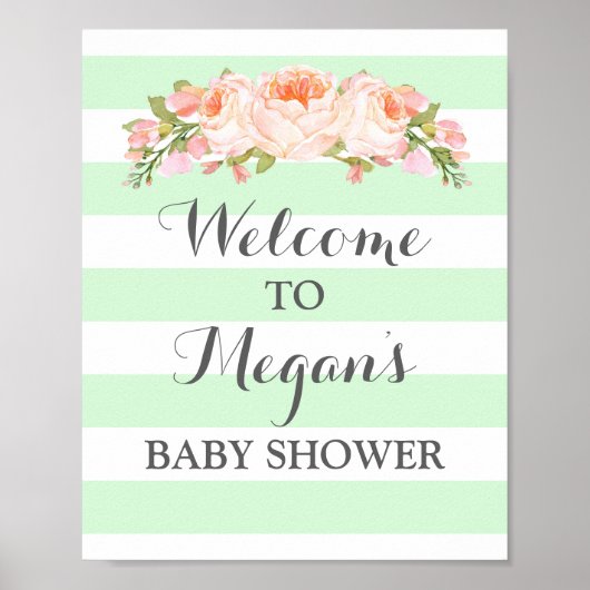 Welkome Baby shower Sign Mint Flowers Stripes Poster (Voorkant)
