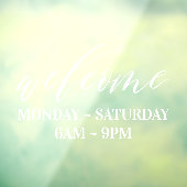 Welkome kantooruren voor Elegant White Script Raamsticker (Vel 3)