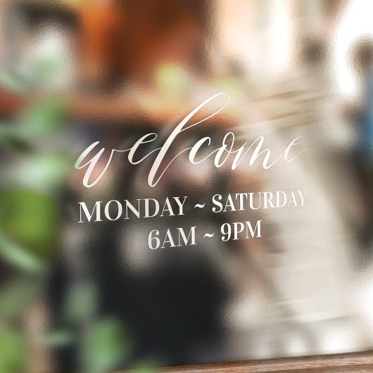 Welkome kantooruren voor Elegant White Script Raamsticker