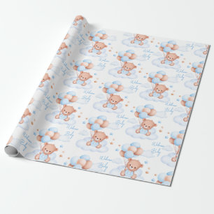 Welkome teddybeer op het baby shower van wolken cadeaupapier