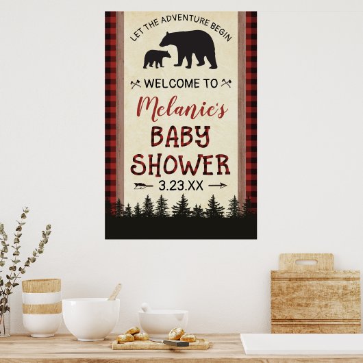 Welkomsposter voor babyfeest met houthakkersbeer poster (Keuken)