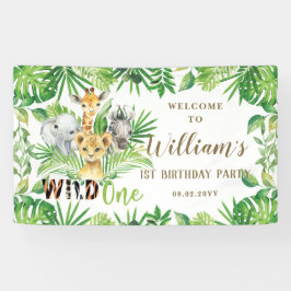 Welkomstachtergrond oerwoud Dieren Greenery Birthd Spandoek