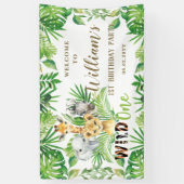 Welkomstachtergrond oerwoud Dieren Greenery Birthd Spandoek (Verticaal)