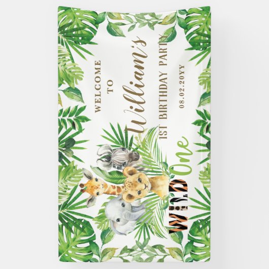 Welkomstachtergrond oerwoud Dieren Greenery Birthd Spandoek (Verticaal)