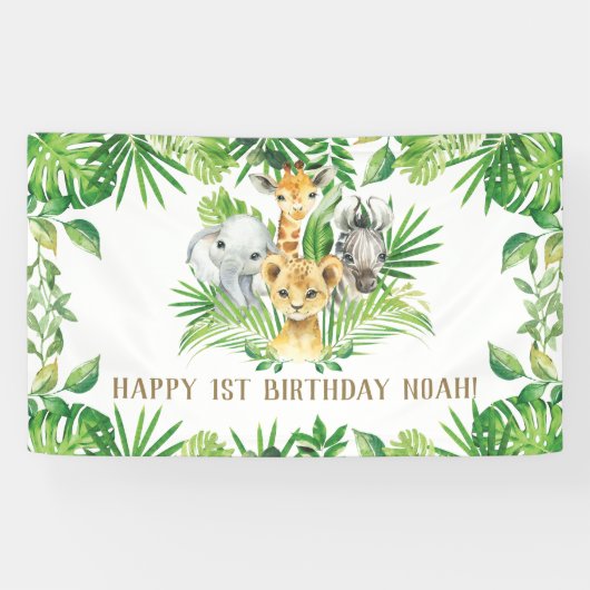 Welkomstachtergrond oerwoud Dieren Greenery Birthd Spandoek (Horizontaal)