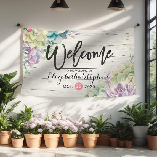 Welkomstbanner Succulent Plant Rustic Wood Spandoek