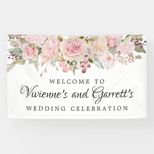 Welkomstbanner van roze Floral Wedding Spandoek (Horizontaal)