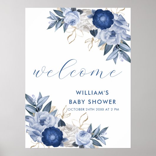 Welkomstbord Blauw Wit Bloemen Baby shower Poster (Voorkant)