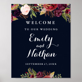 Welkomstbord Burgundy Navy Floral Herfst Poster