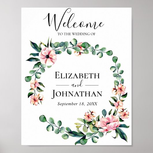 Welkomstbord Floral Greenery Wreath Poster (Voorkant)