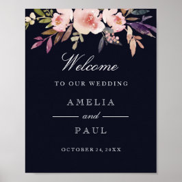 Welkomstbord marineroze Waterverf pony's Poster