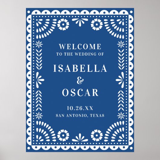 Welkomstbord mooie blauwe papel Picado Weddenschap Poster (Voorkant)