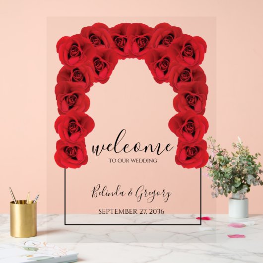 Welkomstbord rode rozen bruiloft acryl bord (Huwelijk)