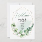 Welkomstbord trouwpartij groene eucalyptus kaart (Voorkant)