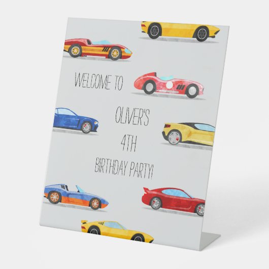 Welkomstbord van Birthday Party Boy Cars Reclamebord Met Voetstuk (Voorkant)
