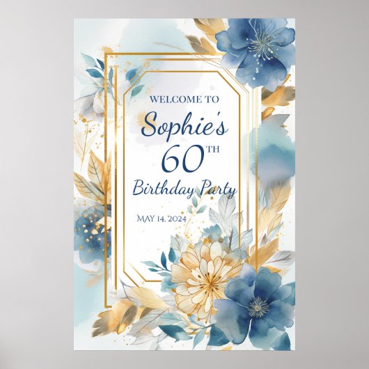 Welkomstbord van de Birthday party met bloemen Poster (Voorkant)