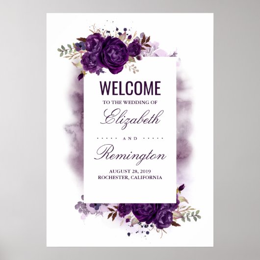 Welkomstbord van de Eggplant Paarse Floral Wedal W Poster (Voorkant)