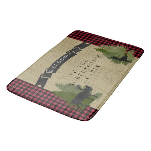 Welkomstbord van het bergmeer Rustic Cabin Deer Mo Badmat (Gekanteld)