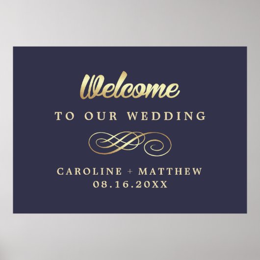 Welkomstbord van marinesolf Blue Gold Elegant Wedd Poster (Voorkant)