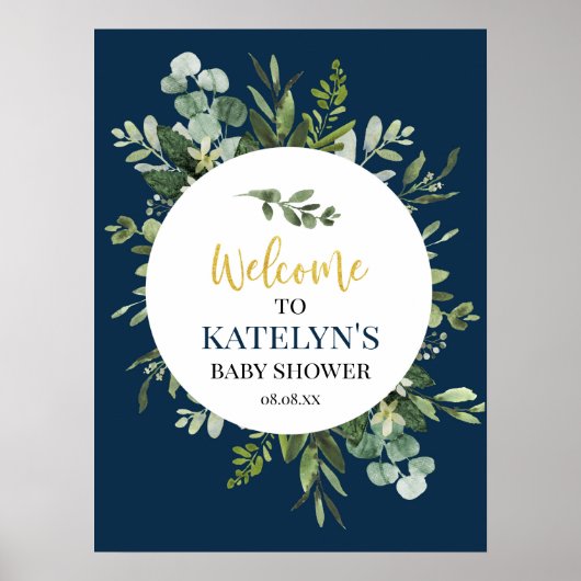 Welkomstbord van Navy Blue en Eucalyptus Greenery Poster (Voorkant)