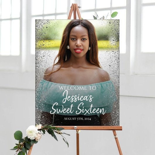 Welkomstbord van zestien partijen met foto poster